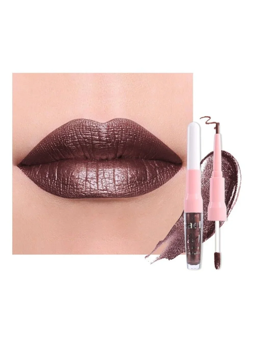 Women's 11# Dark Brown-Metallic 2-in-1 Long Lasting Lipstick And Lip Liner